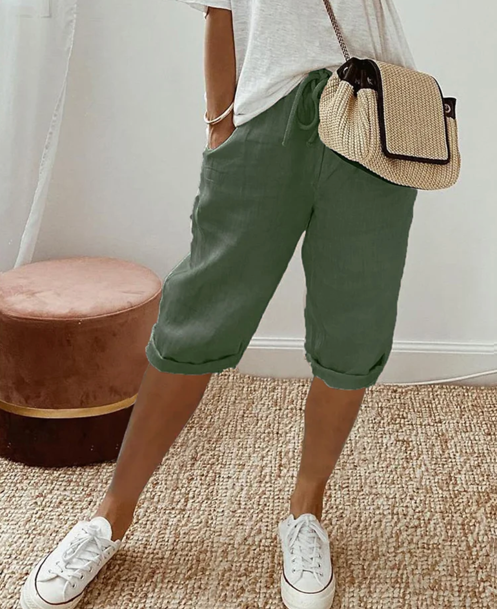 Letnie lniane spodnie capri z troczkiem dla kobiet