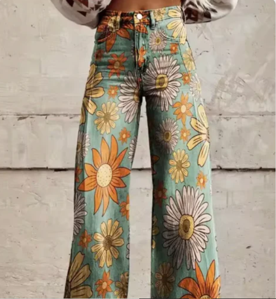 Pantalon palazzo imprimé pour femmes avec taille haute et jambes larges