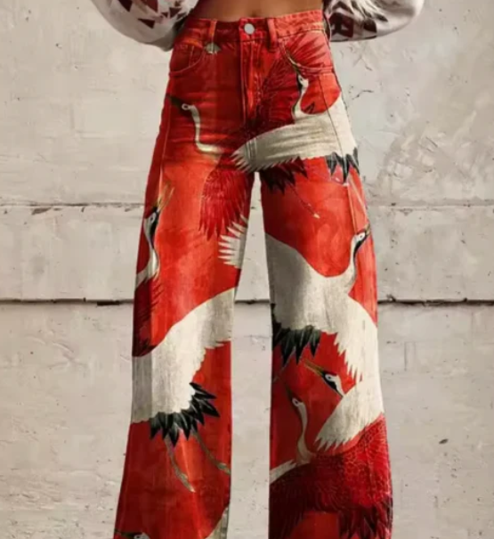 Pantalon palazzo imprimé pour femmes avec taille haute et jambes larges