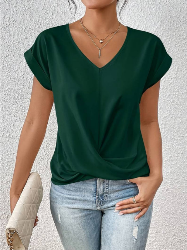 Casual Draped V-Neck Blouse for Women with Short Sleeves