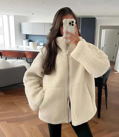 Dames Oversized Teddy Jas met Rits en Hoge Kraag Winter