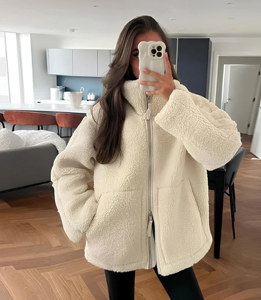 Dames Oversized Teddy Jas met Rits en Hoge Kraag Winter