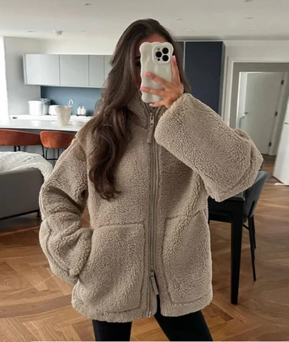 Dames Oversized Teddy Jas met Rits en Hoge Kraag Winter