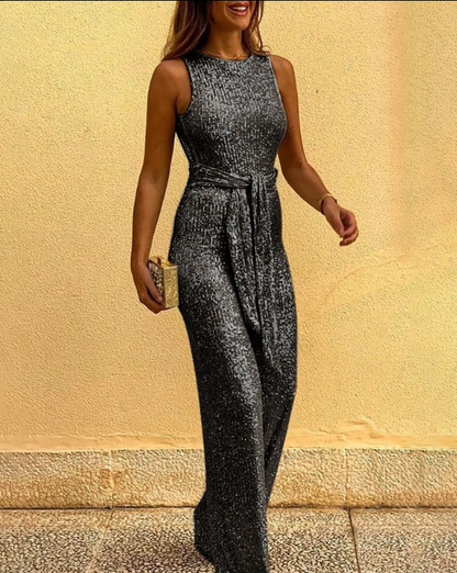 Mouwloze glitter jumpsuit voor vrouwen | ceintuur