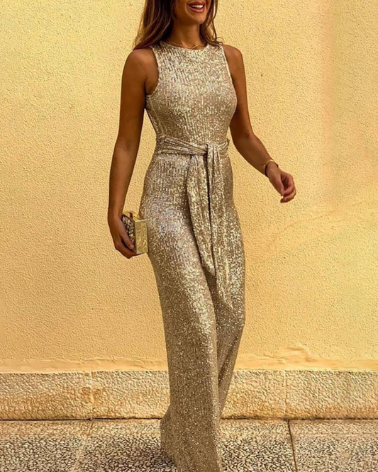 Mouwloze glitter jumpsuit voor vrouwen | ceintuur