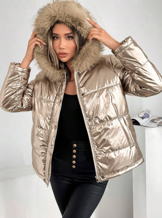Metallic Dames Pufferjas Met Bontkraag Capuchon