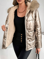 Metallic Women's Puffer Jacket with Faux Fur Collar and Hood