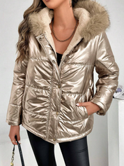 Metallic Women's Puffer Jacket with Faux Fur Collar and Hood