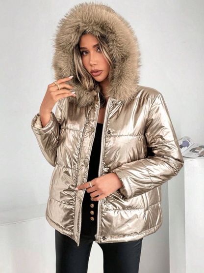 Metallic Dames Pufferjas Met Bontkraag Capuchon