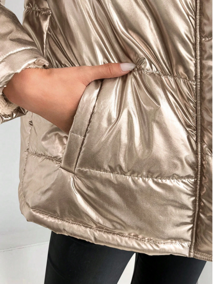 Metallic Dames Pufferjas Met Bontkraag Capuchon