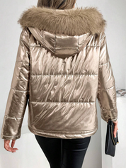 Metallic Women's Puffer Jacket with Faux Fur Collar and Hood