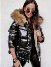 Metallic Women's Puffer Jacket with Faux Fur Collar and Hood
