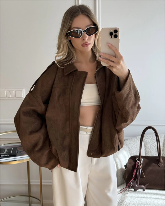 Damska Skórzana Kurtka Zamszowa Oversize Ciepła