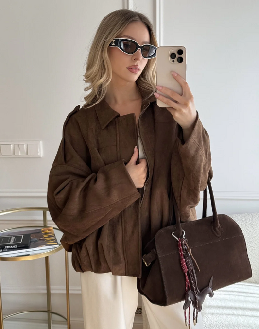 Dames Leren Jas Suede Oversized Warm