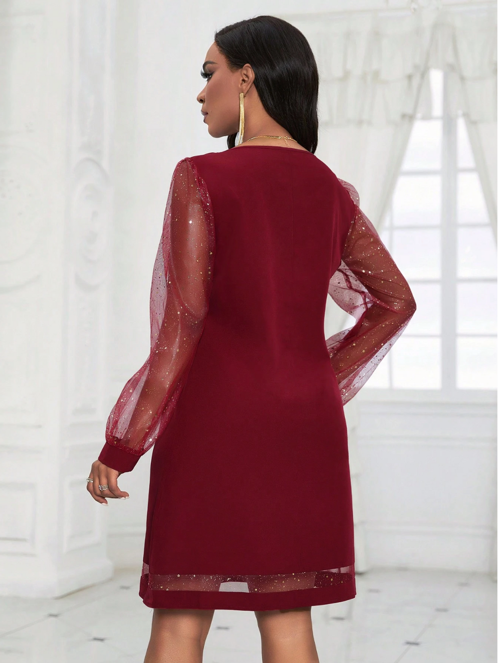 Robe de soirée avec col en V et manches pailletées pour femmes