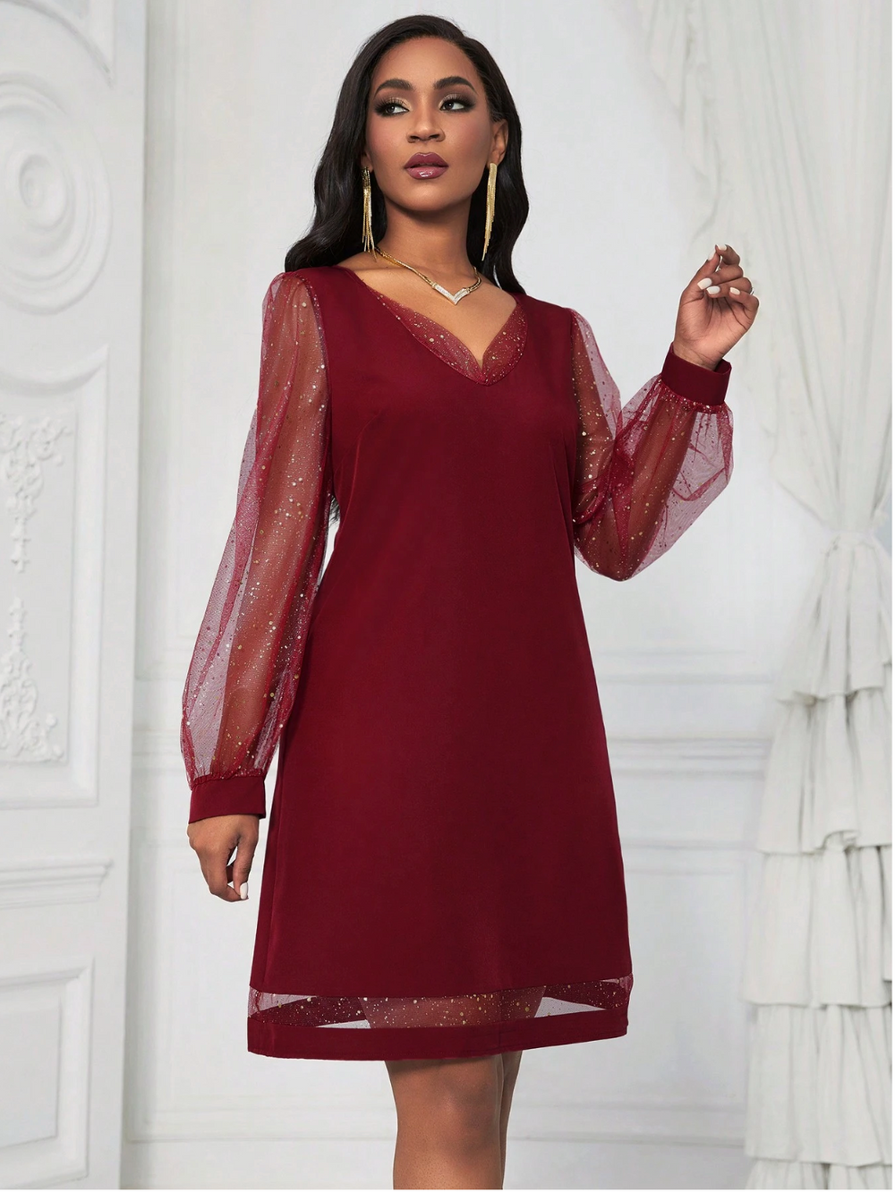 Robe de soirée avec col en V et manches pailletées pour femmes