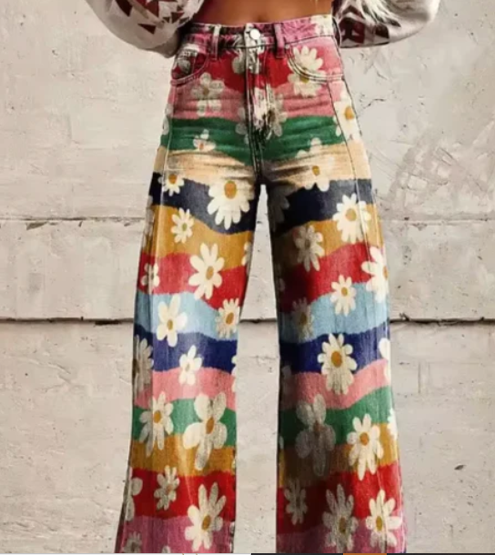 Pantalon palazzo imprimé pour femmes avec taille haute et jambes larges