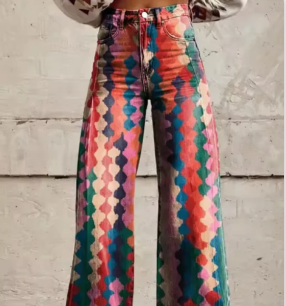 Pantalon palazzo imprimé pour femmes avec taille haute et jambes larges