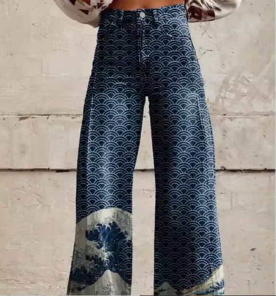 Pantalon palazzo imprimé pour femmes avec taille haute et jambes larges