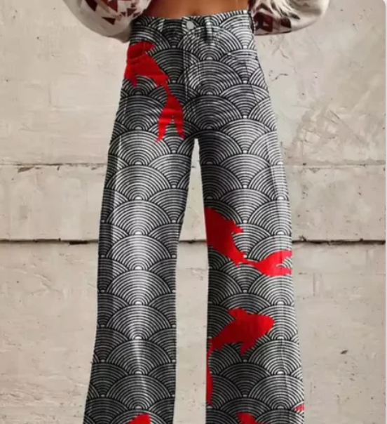 Pantalon palazzo imprimé pour femmes avec taille haute et jambes larges