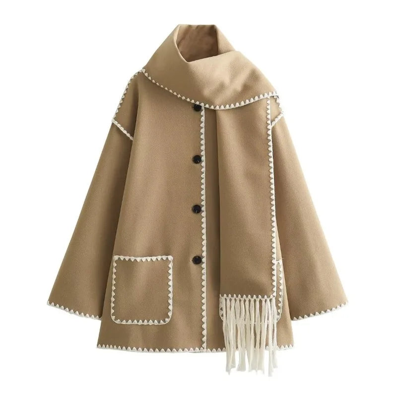 Stijlvolle Warme Oversized Wollen Winterjas met Sjaal en Zakken Dames