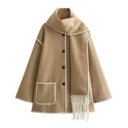 Stijlvolle Warme Oversized Wollen Winterjas met Sjaal en Zakken Dames