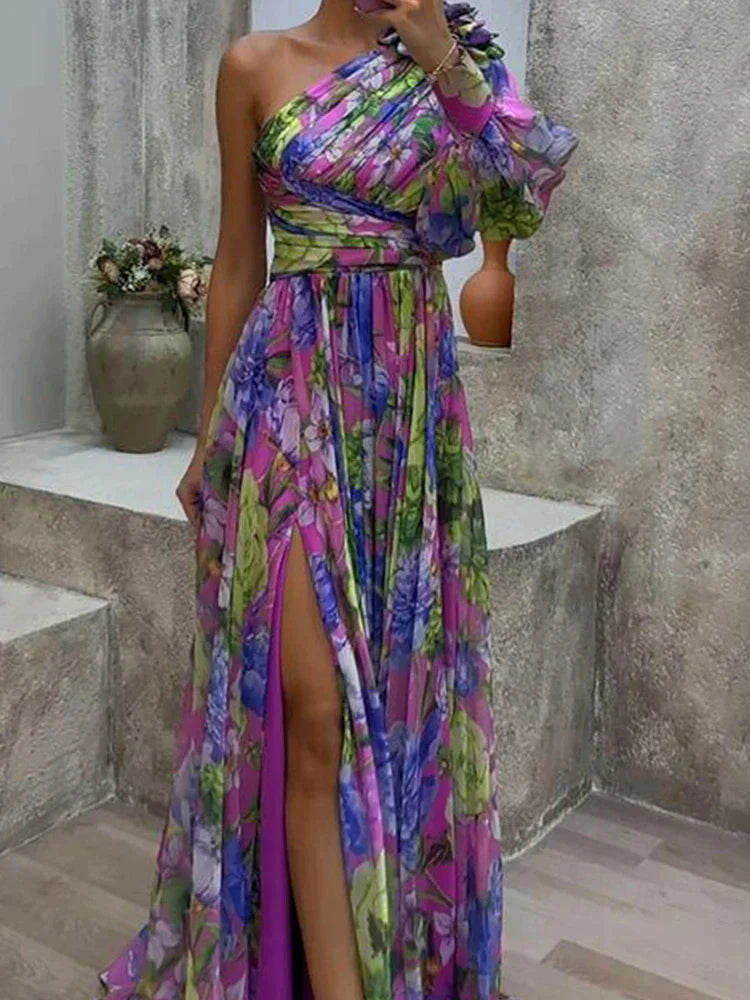 Purple Maxi Dress With One Shoulder And Floral Print