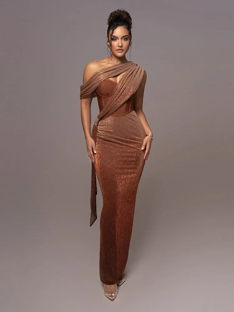 Robe de gala brillante une épaule avec fente longue robe de soirée pour femmes