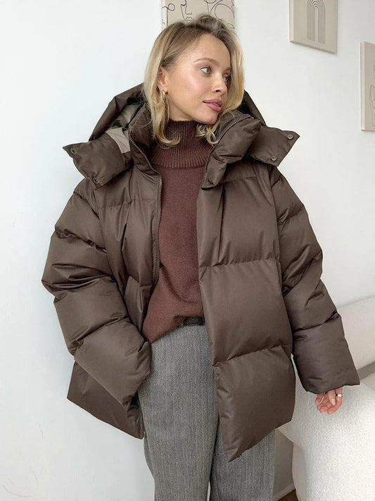 Puffer Winterjas Vrouwen Oversized Met Capuchon En Hoge Kraag