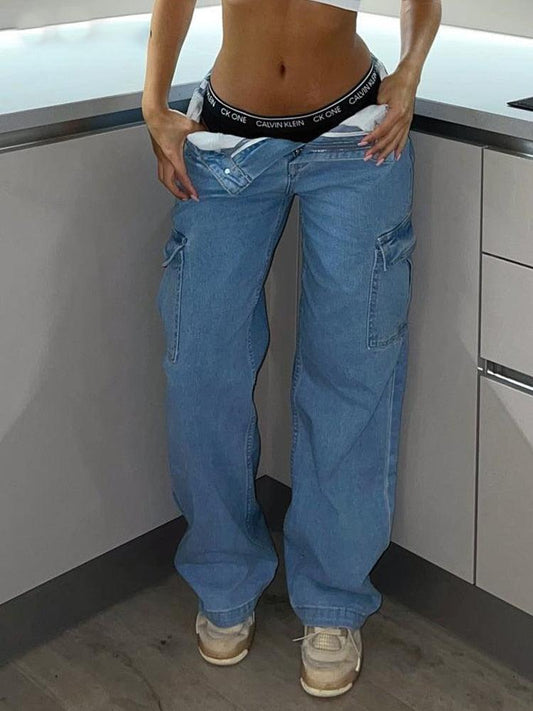 Hoge Taille Jeans Met Wijde Pijpen En Cargo Zakken Voor Vrouwen