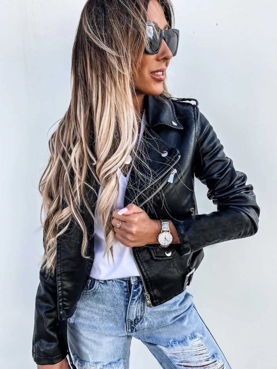 Bikerjack Met Leerlook En Asymmetrische Rits Voor Dames