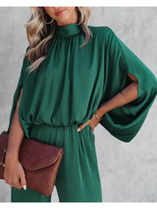 Elegant Wide-Leg Jumpsuit for Women with Cape Sleeves and Waistband