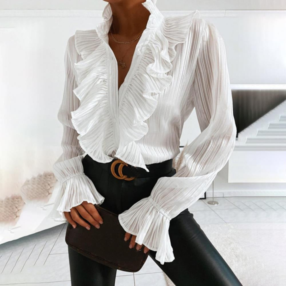 White Elegant Blouse with Ruffles Long Sleeves for Women