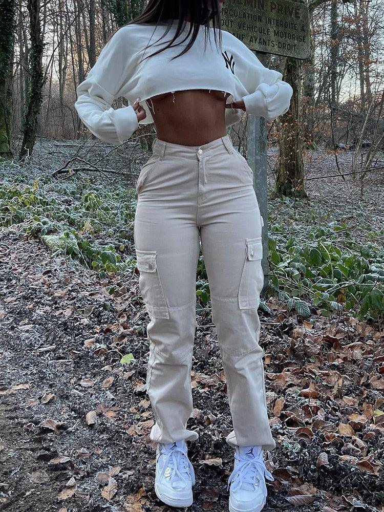 Jean Taille Haute à Pantalon Large avec Poches Cargo pour Femme