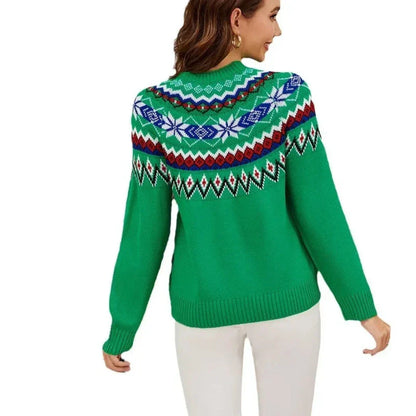 Groen Kersttrui Dames Warme Gebreide Wintertrui met Noors Motief