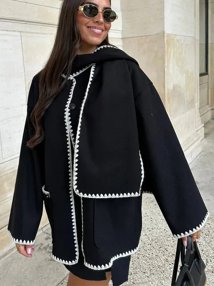 Stijlvolle Warme Oversized Wollen Winterjas met Sjaal en Zakken Dames