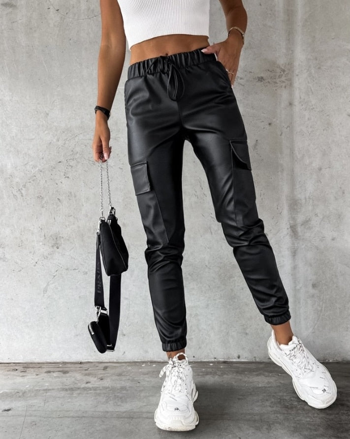 Pantalon Cargo Effet Cuir Noir pour Femme, Taille Haute et Bords Élastiques