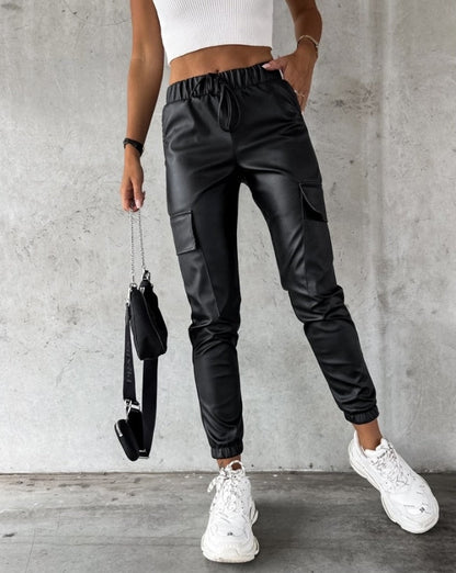 Zwarte Leerlook Cargo Broek Voor Vrouwen Hoge Taille Elastische Boorden