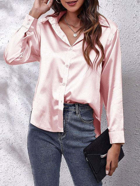 Dames Chique Satijnen Blouse met Knoopsluiting en Lange Mouwen