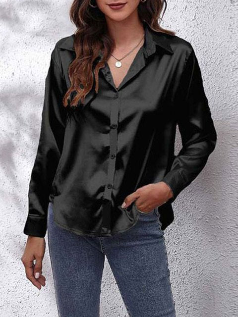 Dames Chique Satijnen Blouse met Knoopsluiting en Lange Mouwen