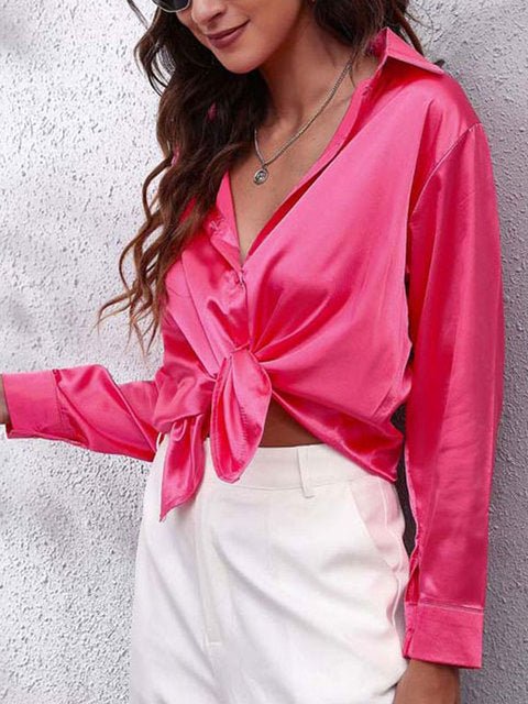 Dames Chique Satijnen Blouse met Knoopsluiting en Lange Mouwen