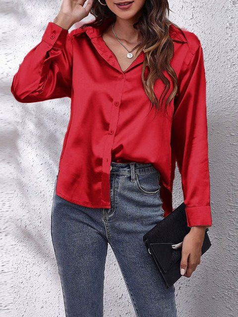 Dames Chique Satijnen Blouse met Knoopsluiting en Lange Mouwen