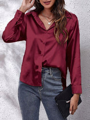 Dames Chique Satijnen Blouse met Knoopsluiting en Lange Mouwen