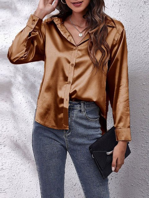 Dames Chique Satijnen Blouse met Knoopsluiting en Lange Mouwen
