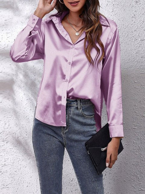 Dames Chique Satijnen Blouse met Knoopsluiting en Lange Mouwen