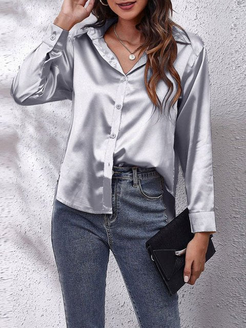 Dames Chique Satijnen Blouse met Knoopsluiting en Lange Mouwen