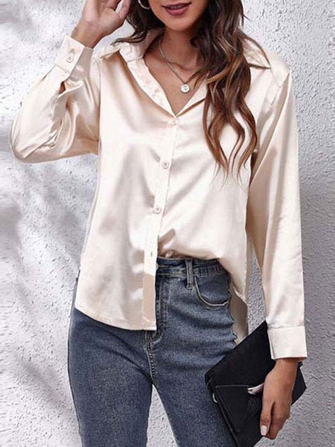 Dames Chique Satijnen Blouse met Knoopsluiting en Lange Mouwen