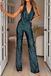 Combinaison à paillettes avec dos ouvert et jambes larges pour femmes