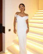 White Chic Off-Shoulder Maxi Dress with Open Back for Women Gala
