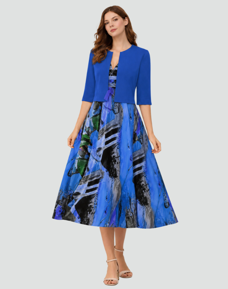 Two-piece set with floral midi dress and short jacket